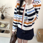 Merino striped small square collar cardigan