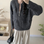 Raccoon zipper double pocket cardigan long sleeve